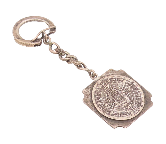 925 Sterling Silver Vintage Key Chain MEXICO Solid Carved Round Calendar  TR3705