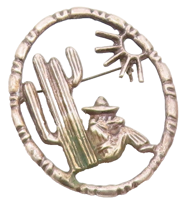 MEXICO 925 Silver  Vintage Man & Cactus Desert Scene Oval Brooch Pin  BP4729