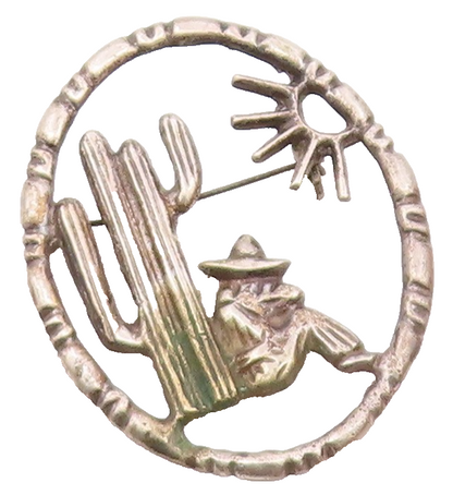 MEXICO 925 Silver  Vintage Man & Cactus Desert Scene Oval Brooch Pin  BP4729