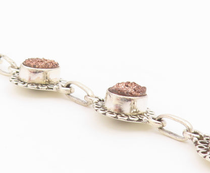 925 Sterling Silver  Druzy Stone Shiny Floral Link Chain Bracelet  BT3641