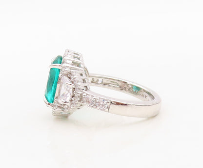 925 Sterling Silver Vintage Ring Oval Sea Green White & CZ Inlay  Sz 7  RG30369
