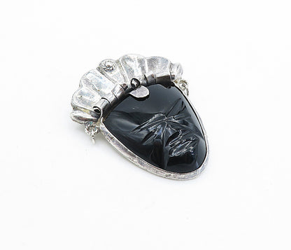 MEXICO 925 Sterling Silver  Vintage Face Carved Black Onyx Brooch Pin  BP2618