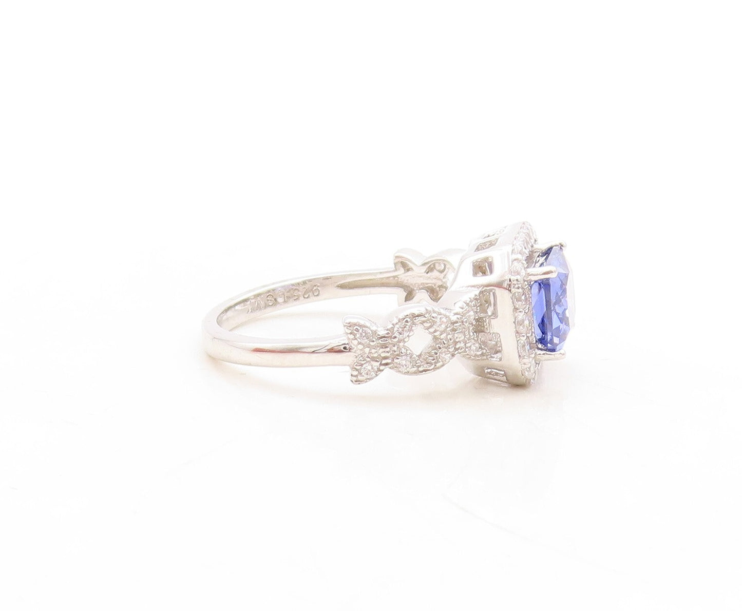 925 Sterling Silver Vintage Ring Rectangle Cut Sapphire Halo CZ  Sz 7  RG31379