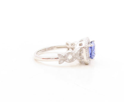 925 Sterling Silver Vintage Ring Rectangle Cut Sapphire Halo CZ  Sz 7  RG31379