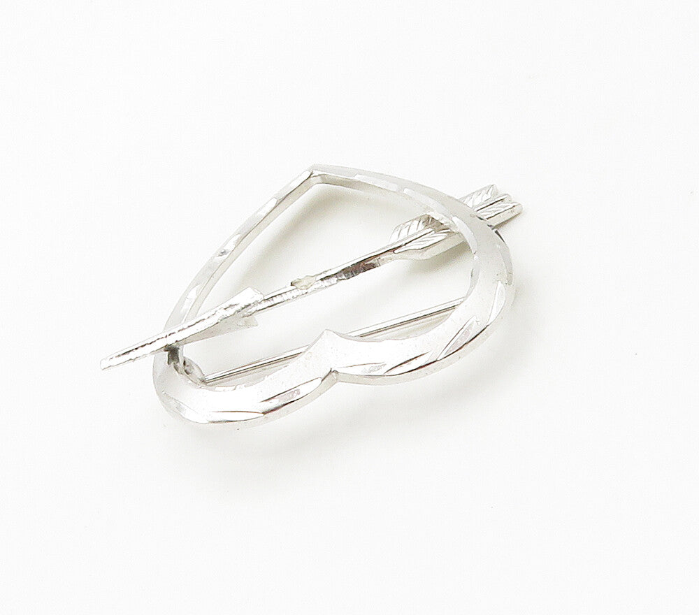 925 Sterling Silver  Shiny Open Love Heart Bow & Arrow Brooch Pin  BP6027