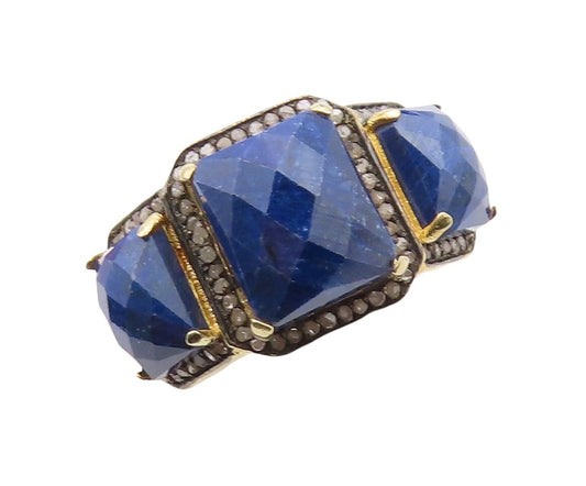 925 Sterling Silver Vintage Ring Diamonds & Rectangle Cut Gemstone Sz 7  RG30888