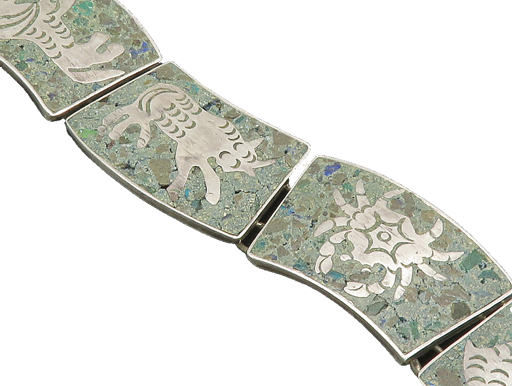 MEXICO 925 Silver  Vintage Etched Animal Green Turquoise Link Bracelet  BT9396