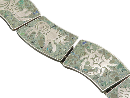 MEXICO 925 Silver  Vintage Etched Animal Green Turquoise Link Bracelet  BT9396