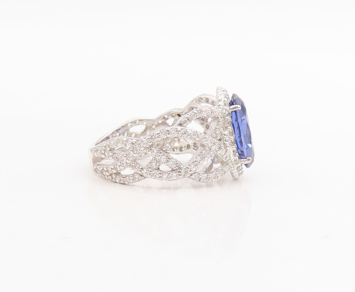 925 Sterling Silver Vintage Ring Designer Cutout Sapphire & CZ  Sz 7.5  RG30522