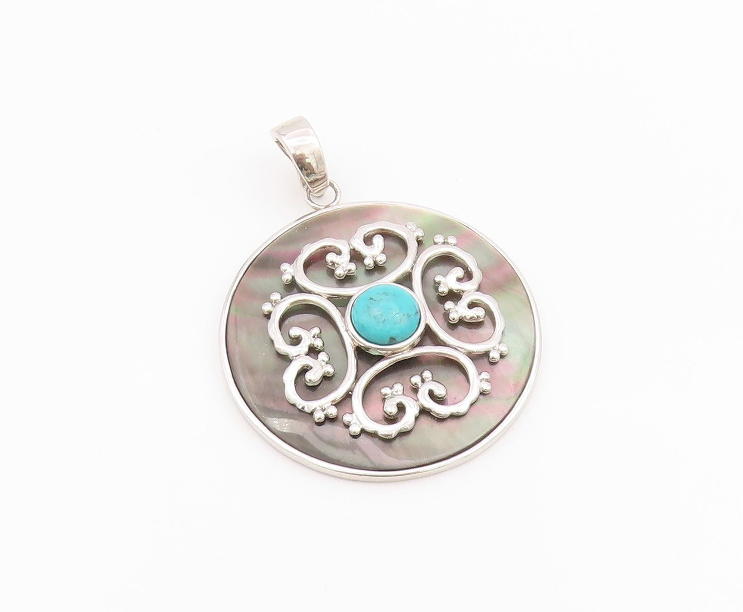 925 Sterling Silver Vintage Pendant Turquoise Carved Abalone Disk  PT24321