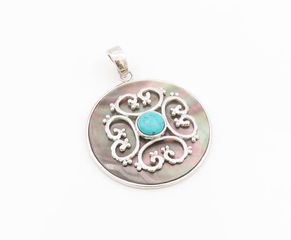 925 Sterling Silver Vintage Pendant Turquoise Carved Abalone Disk  PT24321
