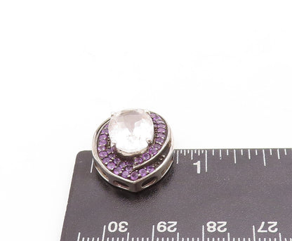 925 Sterling Silver Vintage Pendant Oval CZ Halo Amethyst Inlay Frame  PT23804