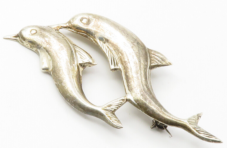 925 Sterling Silver  Vintage Dark Tone Double Dolphin Smooth Brooch Pin BP5571