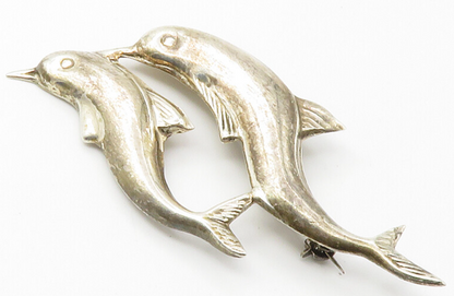 925 Sterling Silver  Vintage Dark Tone Double Dolphin Smooth Brooch Pin BP5571