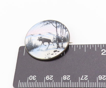 925 Sterling Silver Vintage Brooch NORWAY Enameled Moose Winter Scenery  BP11823