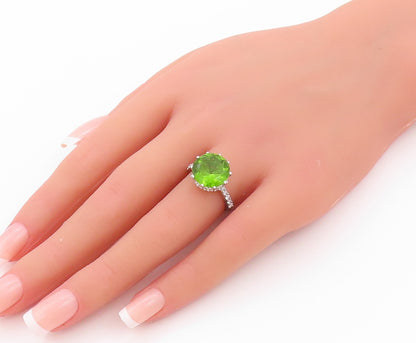 925 Sterling Silver Vintage Ring Modernist Round Peridot & CZ  Sz 6  RG32434