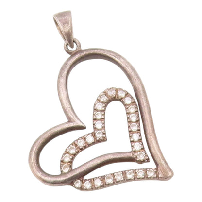 925 Sterling Silver  Vintage White Topaz Open Love Heart Pendant  PT16875