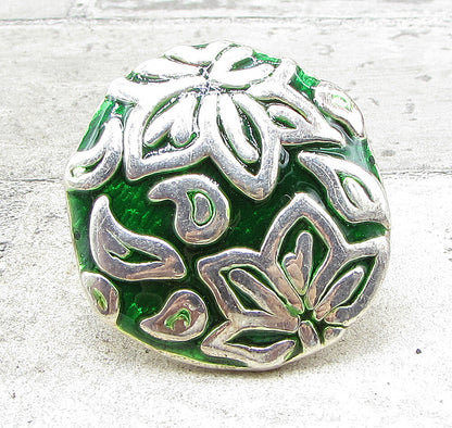925 Sterling Silver  Carved Floral Over Green Enamel Cocktail Ring Sz 7 RG1425