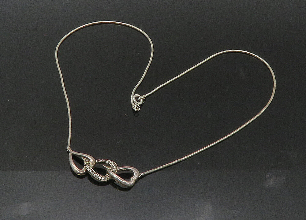 925 Sterling Silver  Vintage Genuine Diamonds Hearts Chain Necklace  NE3619