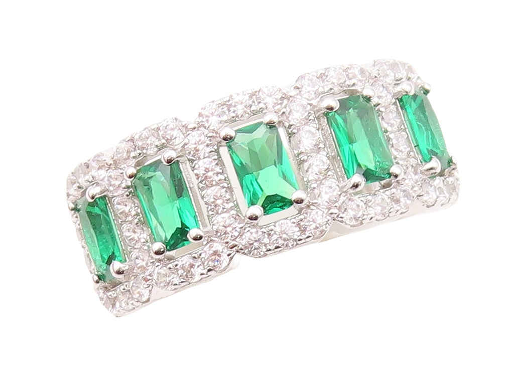 925 Sterling Silver Vintage Ring Rectangle Green Halo White CZ  Sz 7.5  RG30483