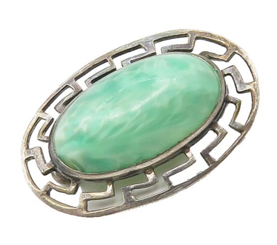925 Sterling Silver  Vintage Cabochon Green Stone Oval Brooch Pin  BP7424