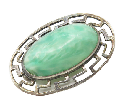 925 Sterling Silver  Vintage Cabochon Green Stone Oval Brooch Pin  BP7424