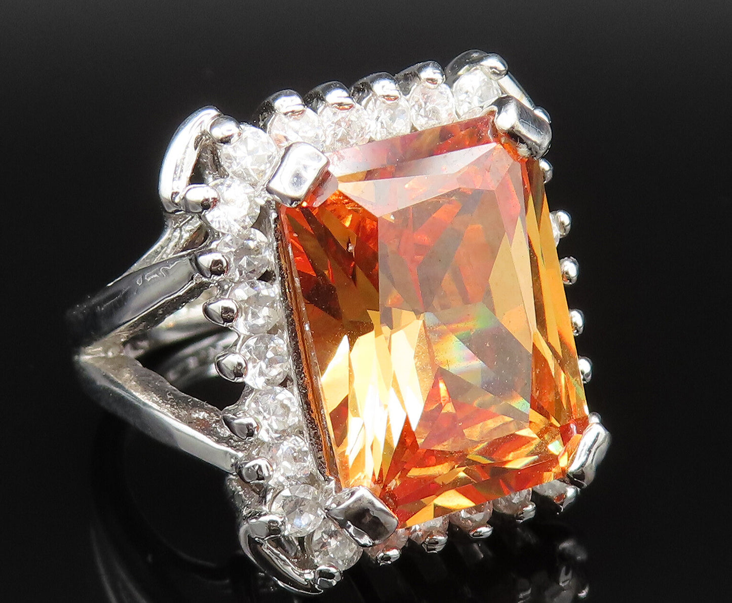 925 Sterling Silver  Vintage Square Citrine & Cubic Zirconia Ring Sz 7 RG25388