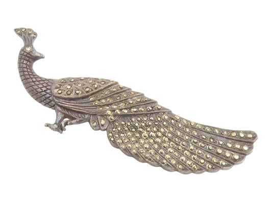 925 Sterling Silver Vintage Brooch Pin Marcasite Elegant Peacock Figure  BP12521