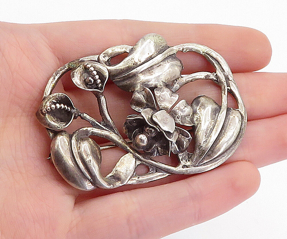 925 Sterling Silver  Vintage Antique Sculpted Flower Swirl Brooch Pin  BP1733