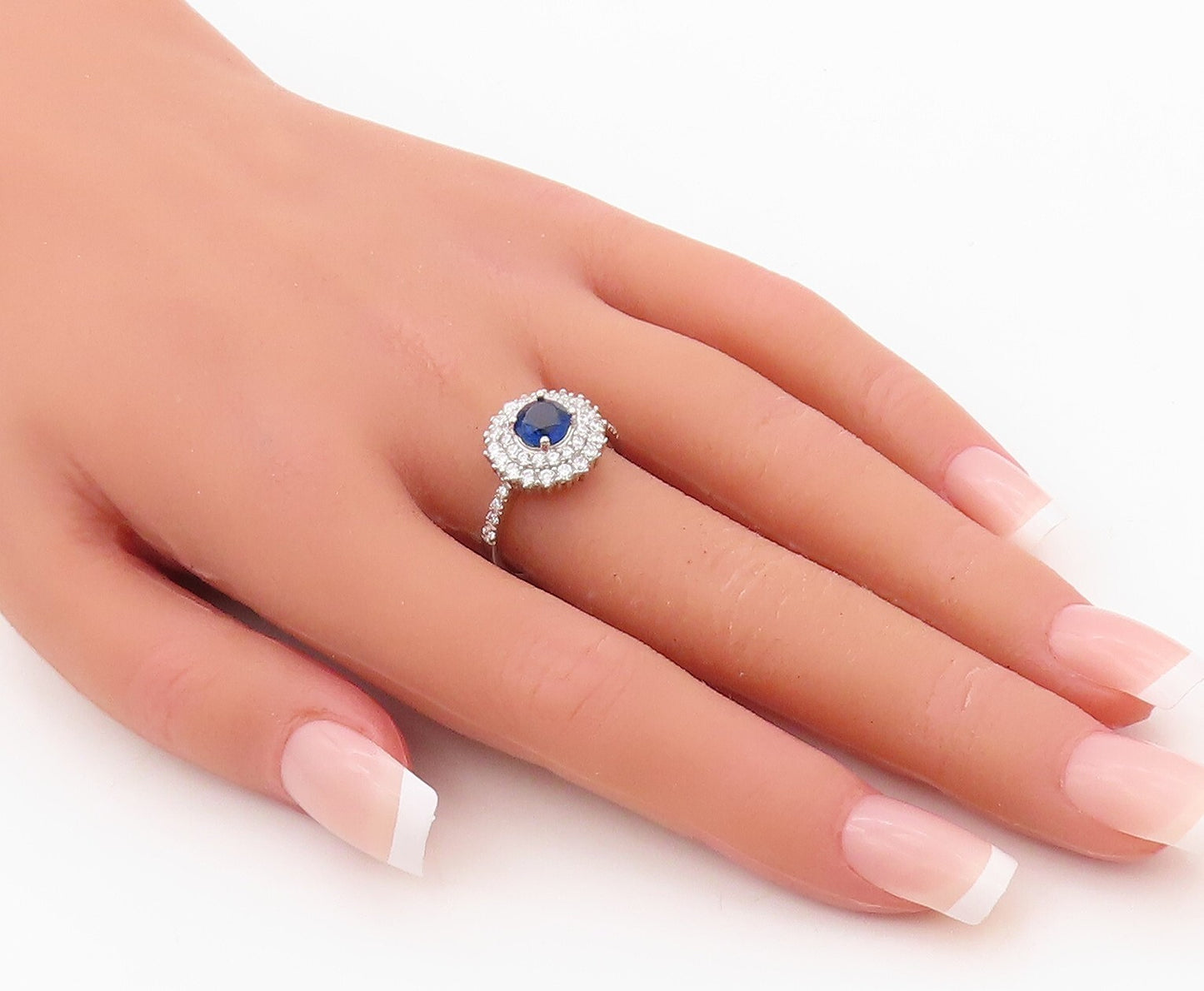 925 Sterling Silver Vintage Ring Round Sapphire Halo CZ Inlay  Sz 7  RG30346