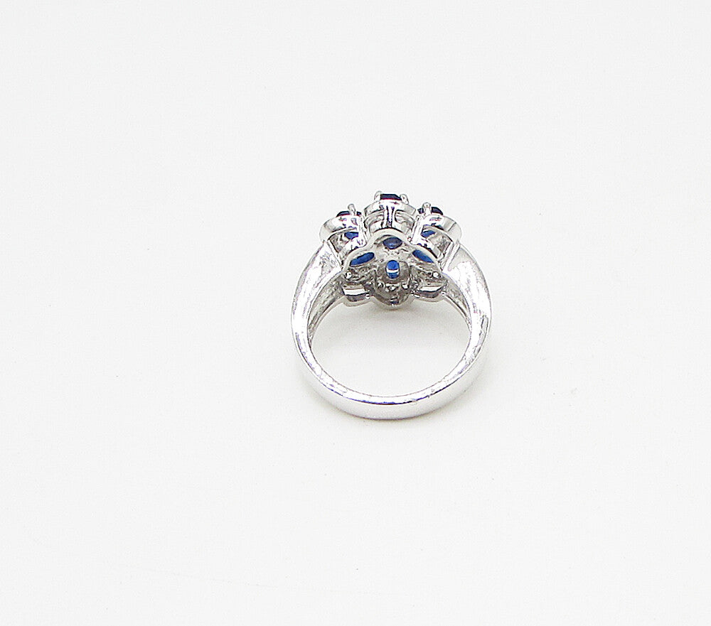 925 Silver  Blue Topaz & White Cubic Zirconia Floral Cocktail Ring Sz 7  RG3437