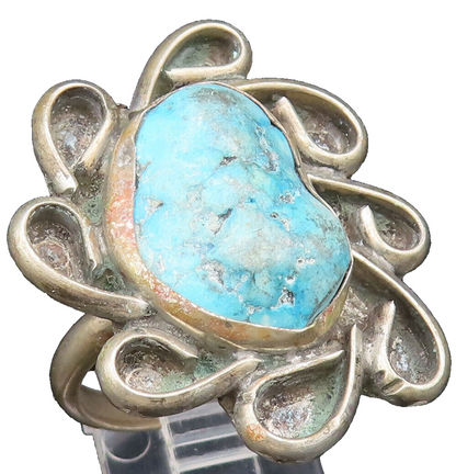 925 Silver Vintage Turquoise Spiral Flower Ring Sz 11 RG25430