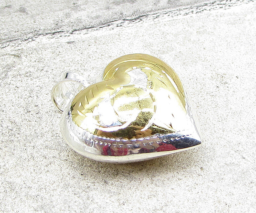 925 Sterling Silver Hand Chased 2 Tone Puffy Love Heart Drop Pendant PT1444