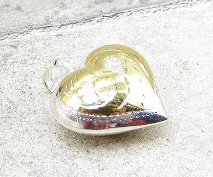 925 Sterling Silver Hand Chased 2 Tone Puffy Love Heart Drop Pendant PT1444