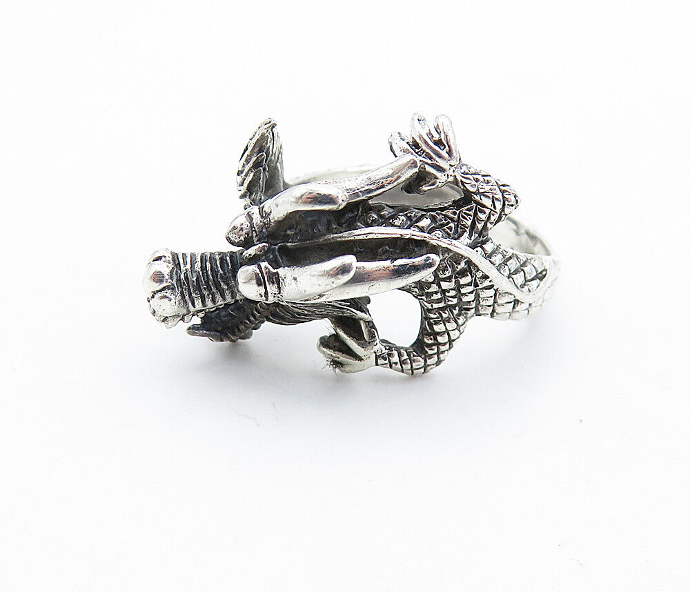 925 Sterling Silver  Vintage Dragon Head & Tail Motif Band Ring Sz 7  RG7345