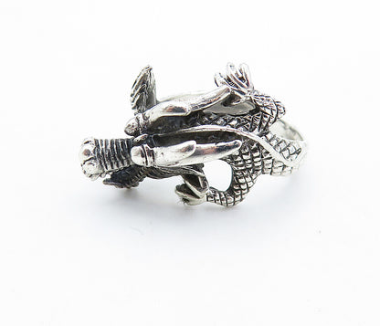 925 Sterling Silver  Vintage Dragon Head & Tail Motif Band Ring Sz 7  RG7345