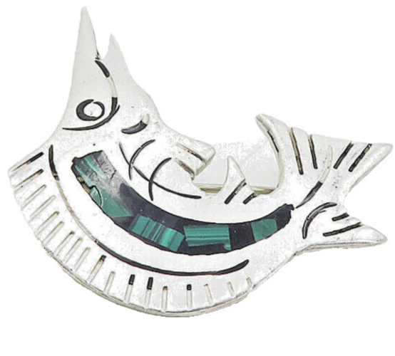 MEXICO 925 Silver  Vintage Malachite Mosaic Swordfish Motif Brooch Pin  BP3112