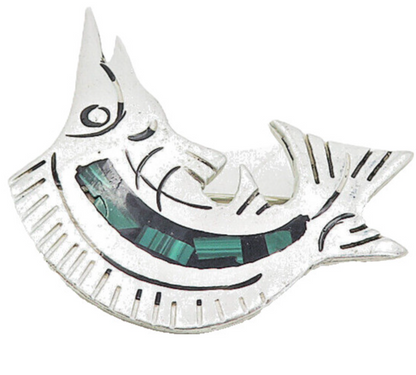MEXICO 925 Silver  Vintage Malachite Mosaic Swordfish Motif Brooch Pin  BP3112
