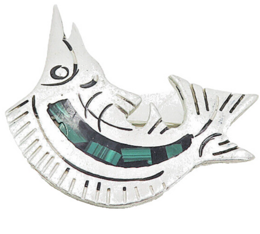MEXICO 925 Silver  Vintage Malachite Mosaic Swordfish Motif Brooch Pin  BP3112