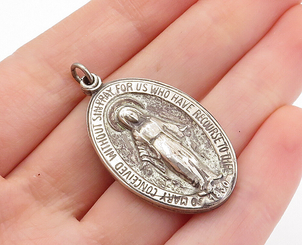 925 Sterling Silver  Vintage Antique Virgin Mary Prayer Pendant  PT4403