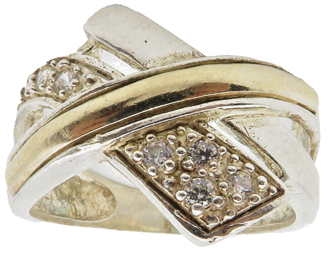 925 Silver & 14K GOLD  Vintage Topaz Shiny Ribbon Split Band Ring Sz 7 RG13758