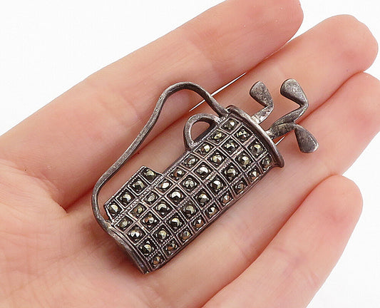 925 Sterling Silver  Vintage Marcasite Bag Of Golf Clubs Brooch Pin  BP2352