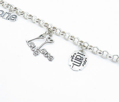 925 Sterling Silver  Assorted Stamped Charms Round Link Chain Bracelet  BT2173