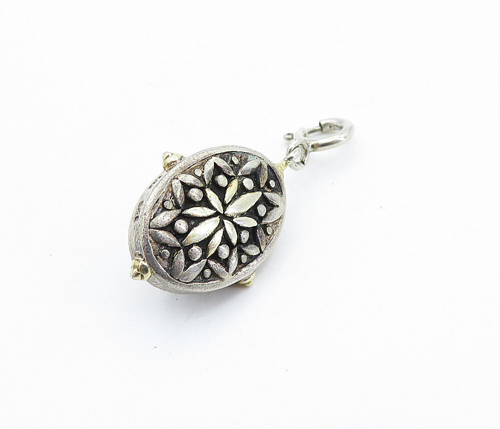 925 Sterling Silver  Vintage Black Hematite Two Tone Floral Pendant  PT4125