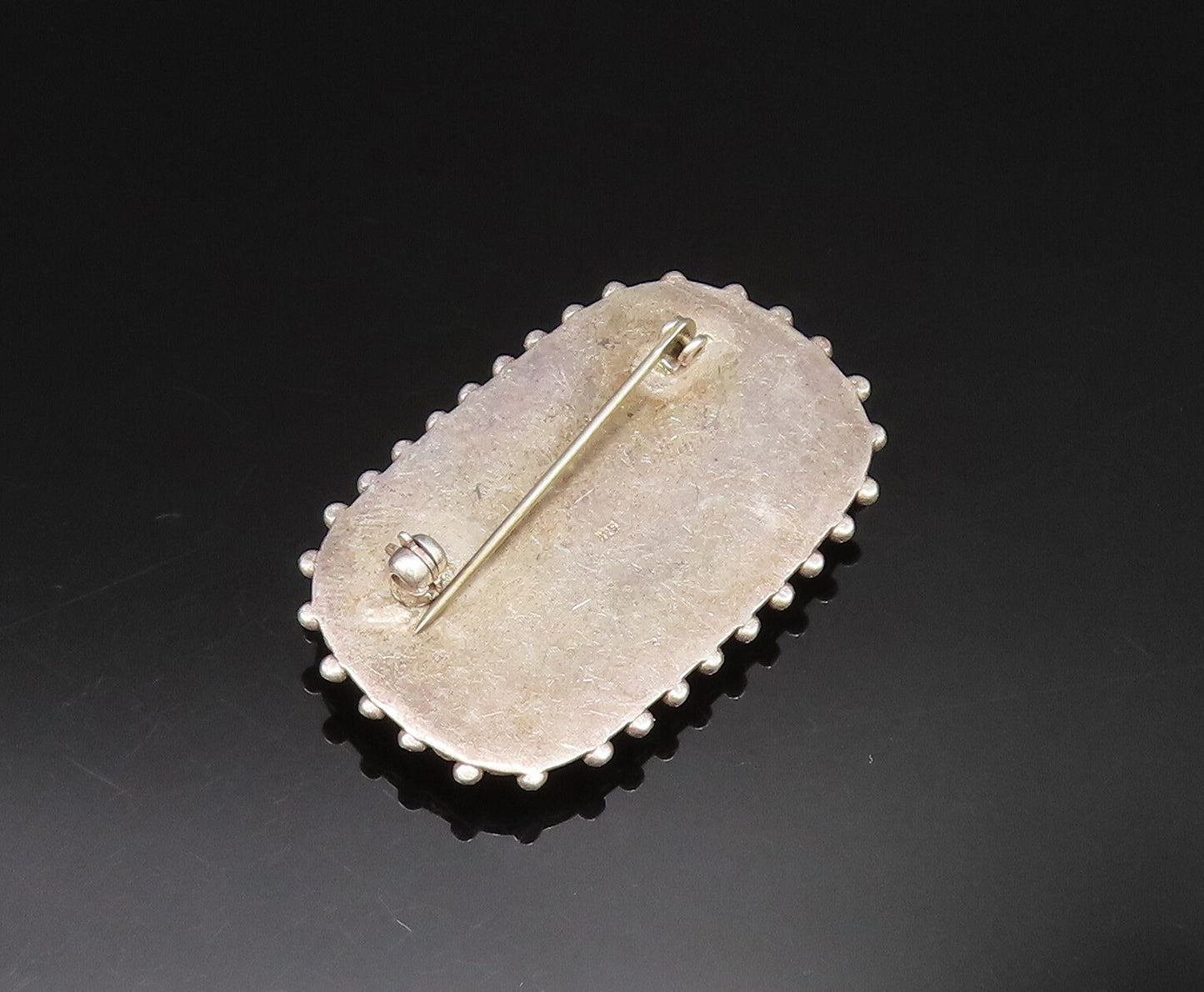 925 Sterling Silver Vintage Dotted Edge Rectangle Black Onyx Brooch Pin BP9649