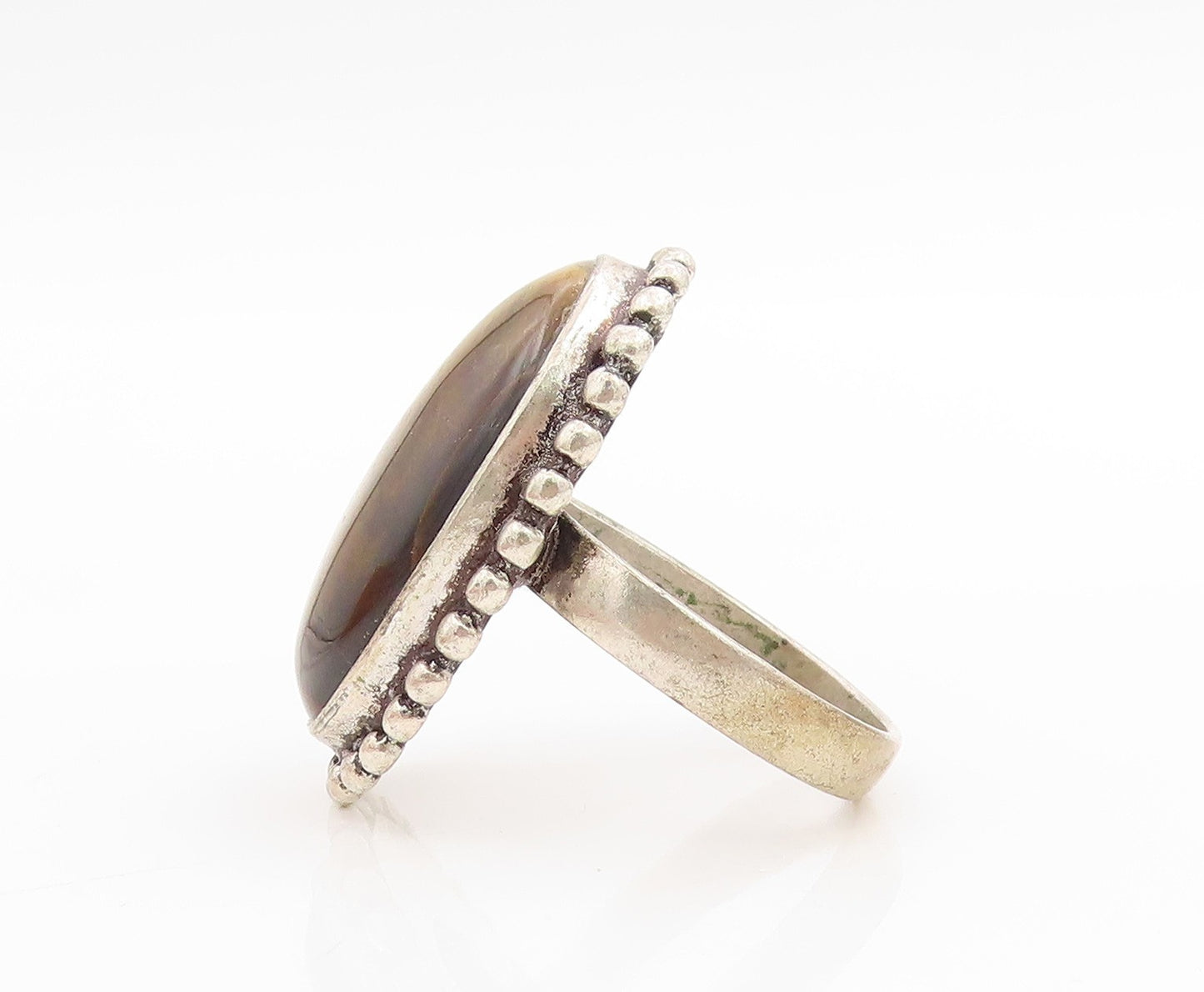 925 Sterling Silver Vintage Ring Large Tiger's Eye Beaded Edge  Sz 12  RG34146