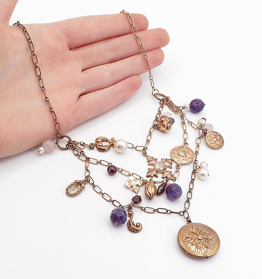 925 Silver  Vintage Pearls Amethyst & Quartz Floral Chain Necklace  NE1017