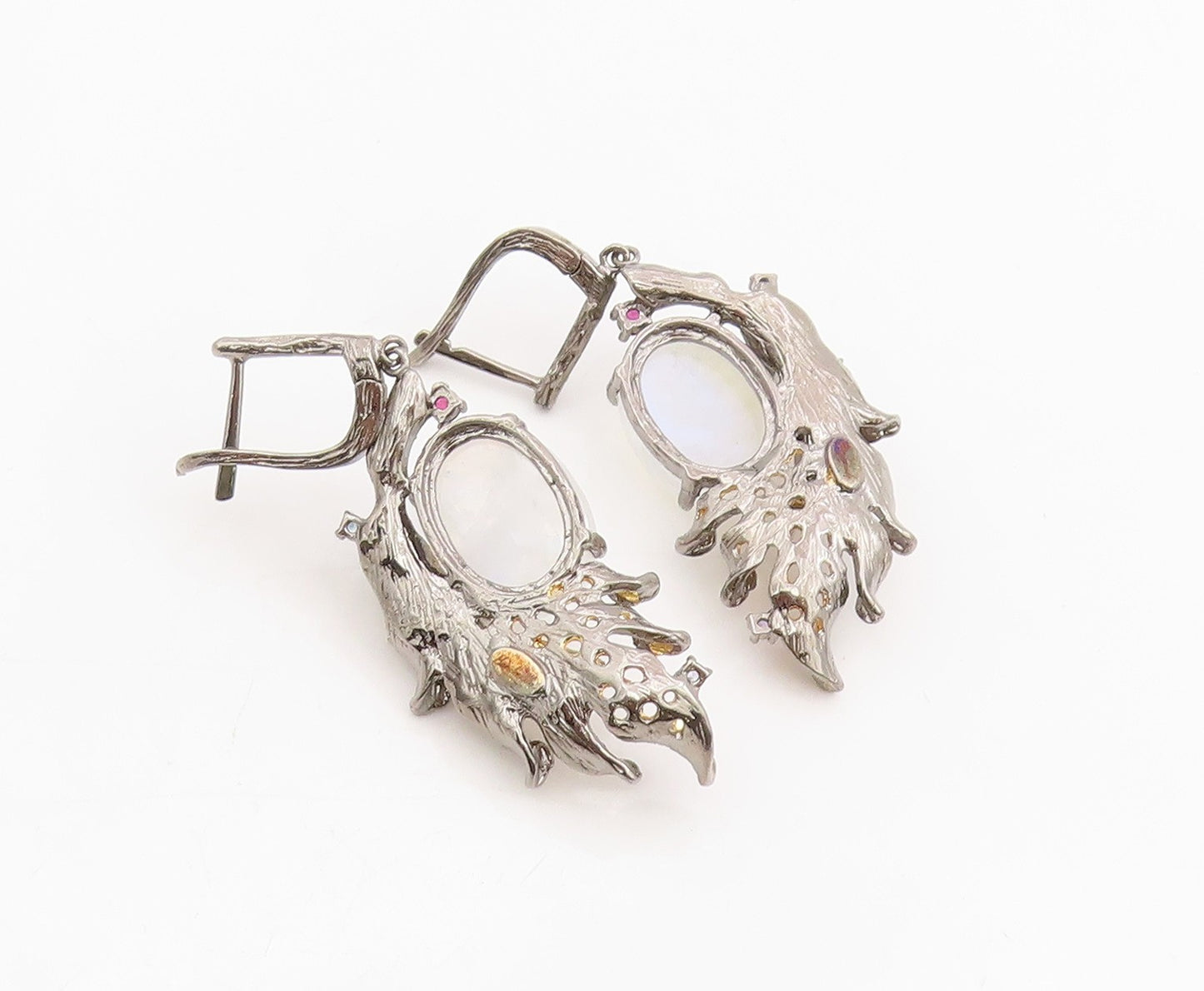 925 Sterling Silver Vintage Earrings Cabochon Moonstone Leaf Design  EG13845