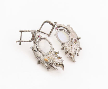 925 Sterling Silver Vintage Earrings Cabochon Moonstone Leaf Design  EG13845