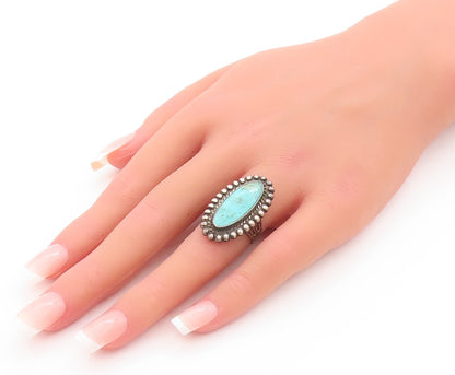 925 Sterling Silver Vintage Ring Southwestern Carved Turquoise Sz 5.5 RG28281